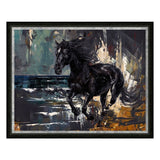 Framed painting of a black horse running on a textured background