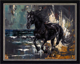 Abstract painting of a black horse with a dynamic background