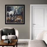 Framed artwork of horse on a grey wall above an armchair
