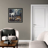Framed artwork of a horse on a wall in a living room with a sofa and coffee table.