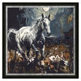 Artistic depiction of a horse in a stylized, abstract setting with a black frame.
