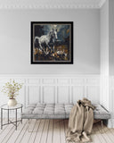 Framed artwork of a horse on a wall above a sofa in a room with wooden flooring.