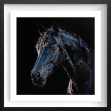 Framed artwork of dark horse on a black background.