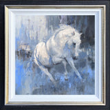 abstract oil painting of white horse on blue and grey background in black and gold frame.