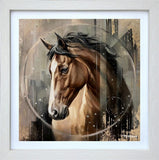 Framed artwork of a horse's head with abstract background