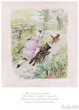 Illustration of a woman with two cats in a garden, featuring text at the bottom.