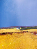 Landscape painting of a vast golden field under a bright blue sky, with a small white house and dark trees in the distance.