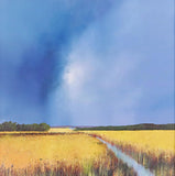 Artwork of a vibrant yellow meadow surrounded by green trees under a cloudy blue sky.