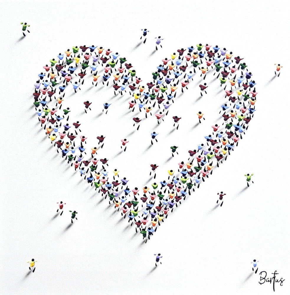 Heart shape created by small people icons on a white background