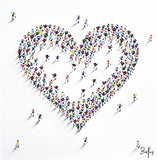 Heart shape created by small people icons on a white background