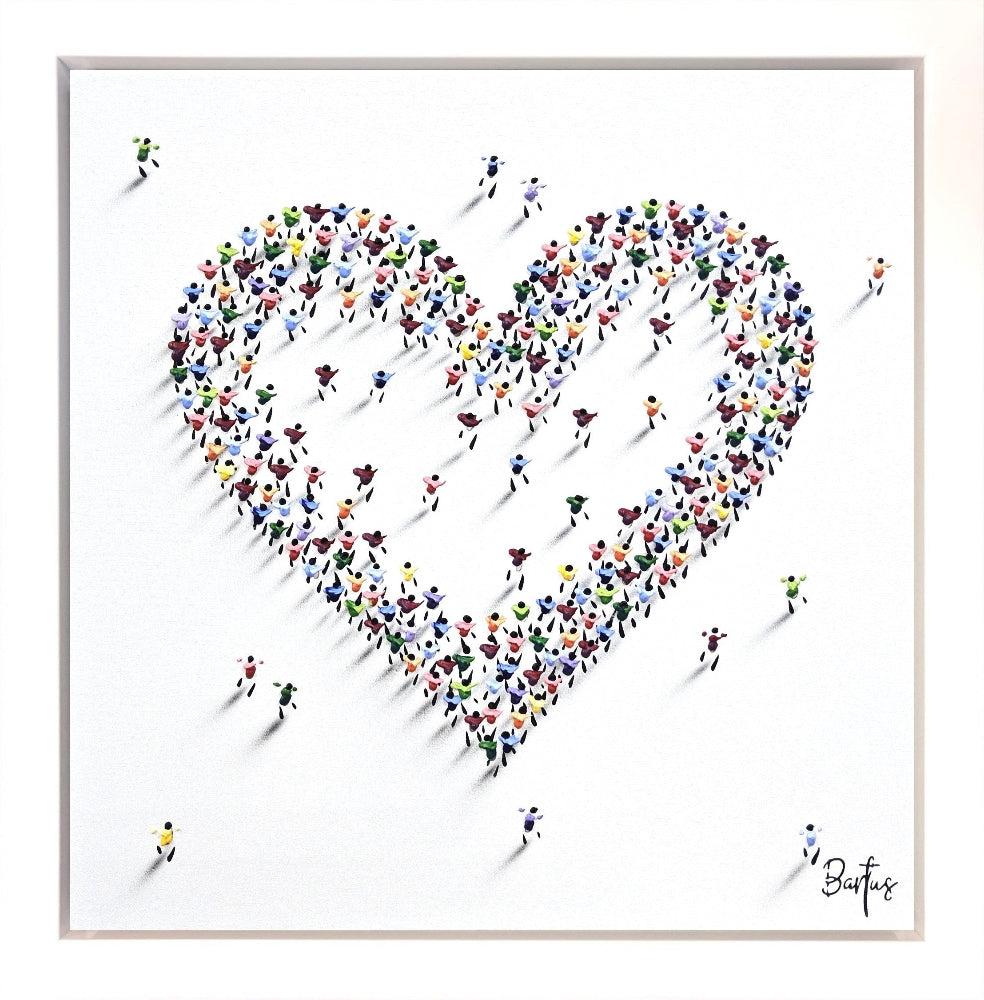 Heart shape created by small people icons on a white background