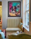 Painting of a dachshund sitting at a table with bottles and a fan in the background in a cafe