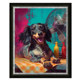 Framed artwork of a dachshund sitting at a table with a colorful background