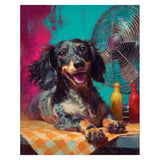 Painting of a dachshund sitting at a table with bottles and a fan in the background