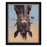 Framed artwork of a horse's face with a bird on a wire against a colorful background