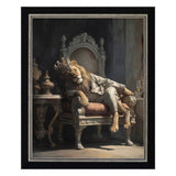 Lion wearing a crown sitting on an ornate chair in a dark room with a table and lamp.
