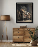 Wooden dresser with a lamp and plant in a room with a framed artwork on the wall.