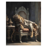 Lion wearing a crown sitting on an ornate chair in a dark room.
