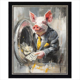 Painting of a pig in a suit with a briefcase, holding money in front of an open safe.  Boid satirical artwork
