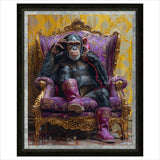 Chimpanzee in a stylish outfit sitting on a purple chair with gold accents.  Limited edition art print