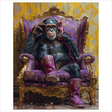 Chimp sitting on a purple throne with gold accents, wearing pink boots.  Limited edition art print
