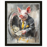Painting of a pig in a suit with a briefcase, holding money, framed in black. Satirical animal art