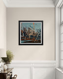 Framed abstract painting on a wall in a room with a desk and window.