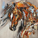 Abstract painting of a horse's head with warm colors on a neutral background unframed