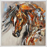 Abstract painting of a horse's head with brown, orange, and gray colors on a light background.