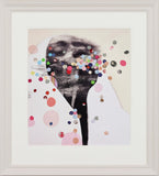 Framed artwork with abstract design featuring colorful dots and a silhouette.