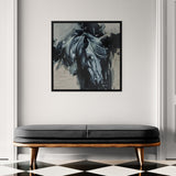Framed abstract art above a modern bench with black and white checkered floor
