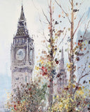painting of a clock tower with trees in the foreground