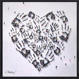 Large group of people forming a heart shape on a white background