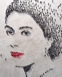 Artistic depiction of a face made from people, with a red lipstick mark.