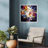 Colourful abstract painting on a wall above a chair and plants.