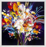 Colourful abstract painting of flowers on a dark background