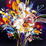 Colourful abstract painting of flowers on a dark background
