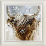 Framed artwork of a highland cow in a neutral landscape