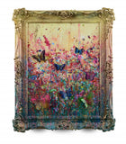 Colorful abstract painting with butterflies in an ornate gold frame.