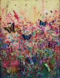 Colorful abstract painting of butterflies and flowers