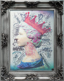 Framed artwork with a stylized portrait of a person wearing a crown, surrounded by text and decorative elements.