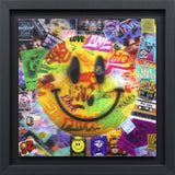Collage with a smiley face design on a colorful background, framed in black.