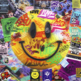 Colorful smiley face design with text on a background of vintage records and tapes.
