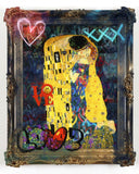 Modified version of 'The Kiss' by Gustav Klimt with colorful abstract elements and graffiti-style text.