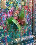 Abstract artwork with colourful splashes and a 3d butterfly