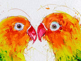 Two colorful parrots facing each other on a textured white background