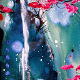 Abstract artwork with pink flowers, a waterfall, and blue and green background