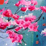 Artistic depiction of pink flowers on a blue background