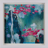 Framed artwork with pink floral branches and a waterfall on a blue and green background.