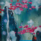 Artistic depiction of cherry blossoms with a waterfall and abstract background